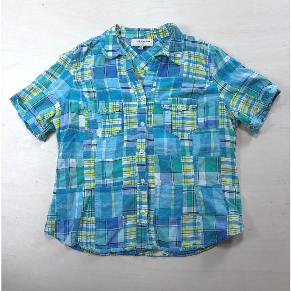 Jones New York Sport Petite Blue Green Patchwork Plaid Cotton Shirt PXL